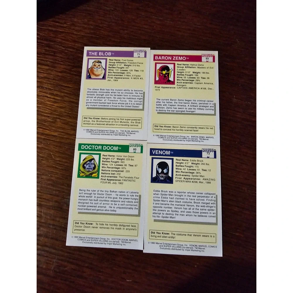 Marvel Super-Villains Cards 1990 Impel Trading Blob‎ Zemo Doom Venom Set